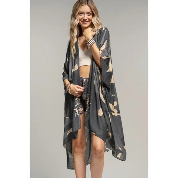 Charcoal Long Floral Sweeping Summer Vacation Casual Coverup Kimono Wrap Top