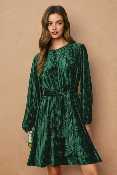 Emerald Velvet High Scoop Neck Sash Belt Cocktail Holiday Party Dress