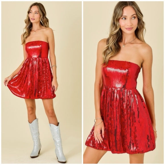 Red Sequin Metallic Strapless Bubble Hem Holiday Cocktail Party Dress