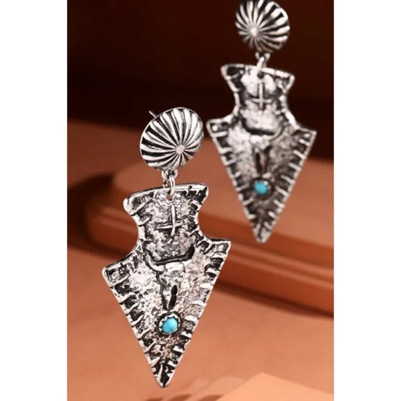 Turquoise Western Boho Metal Arrow Head Dangle Drop Earrings