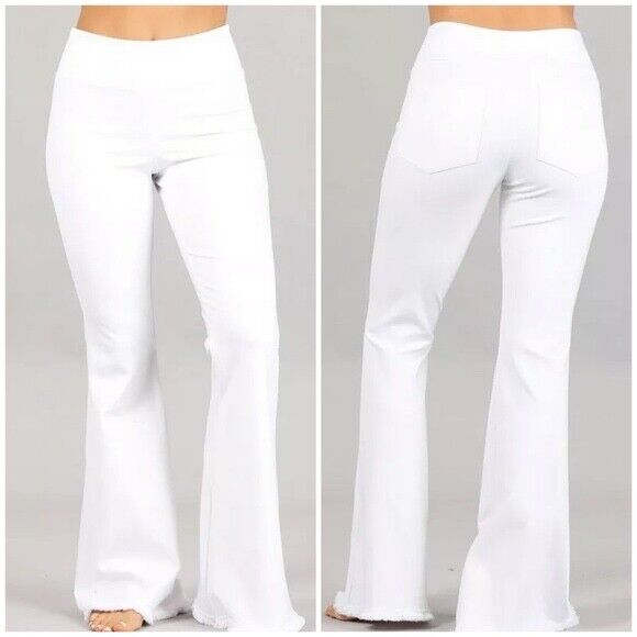 White Ponte Stretch High Waist Bell Flared Pants Casual Women's