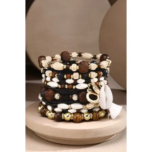 Brown 10 Layered Bohemian Stack Stretch Bracelet Set w/ Charms Cowrie Tassel