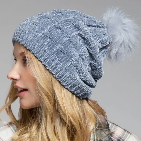 Denim Luxury Chenille Cable Knit Faux Fur Pom Pom Winter Beanie Womens Hat