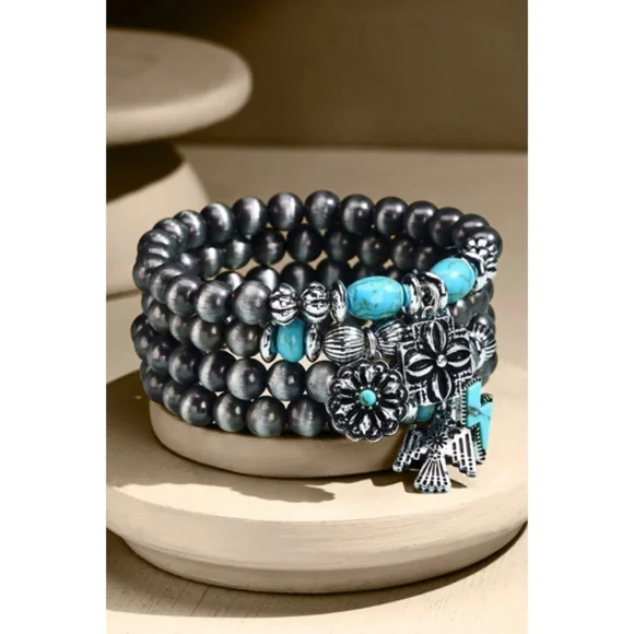 Antiqued Silver 4 Strand Western Turquoise Beaded Navajo Charm Bracelet Set