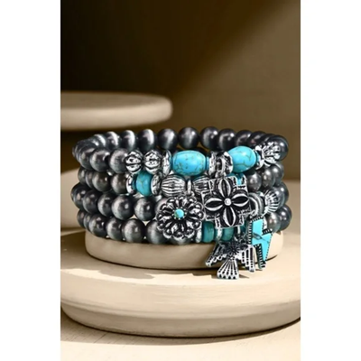 Antiqued Silver 4 Strand Western Turquoise Beaded Navajo Charm Bracelet Set