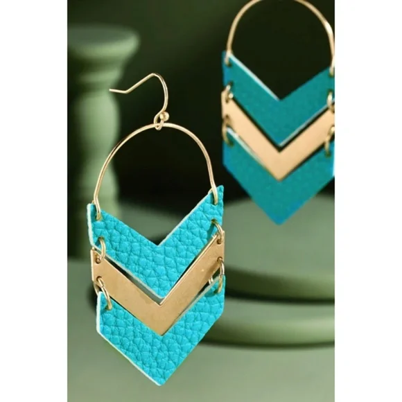 Turquoise & Gold Faux Vegan Leather Chevron Dangle Earrings