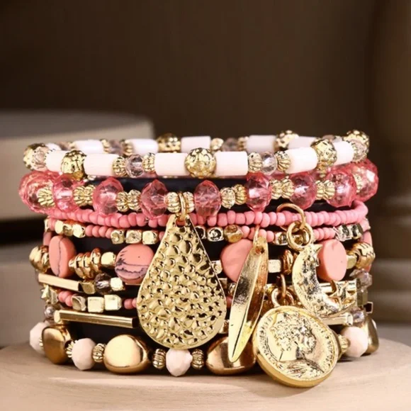 Pink 9-Strand Beaded Boho Stackable Stretch Bracelet Set w/ Gold Charms