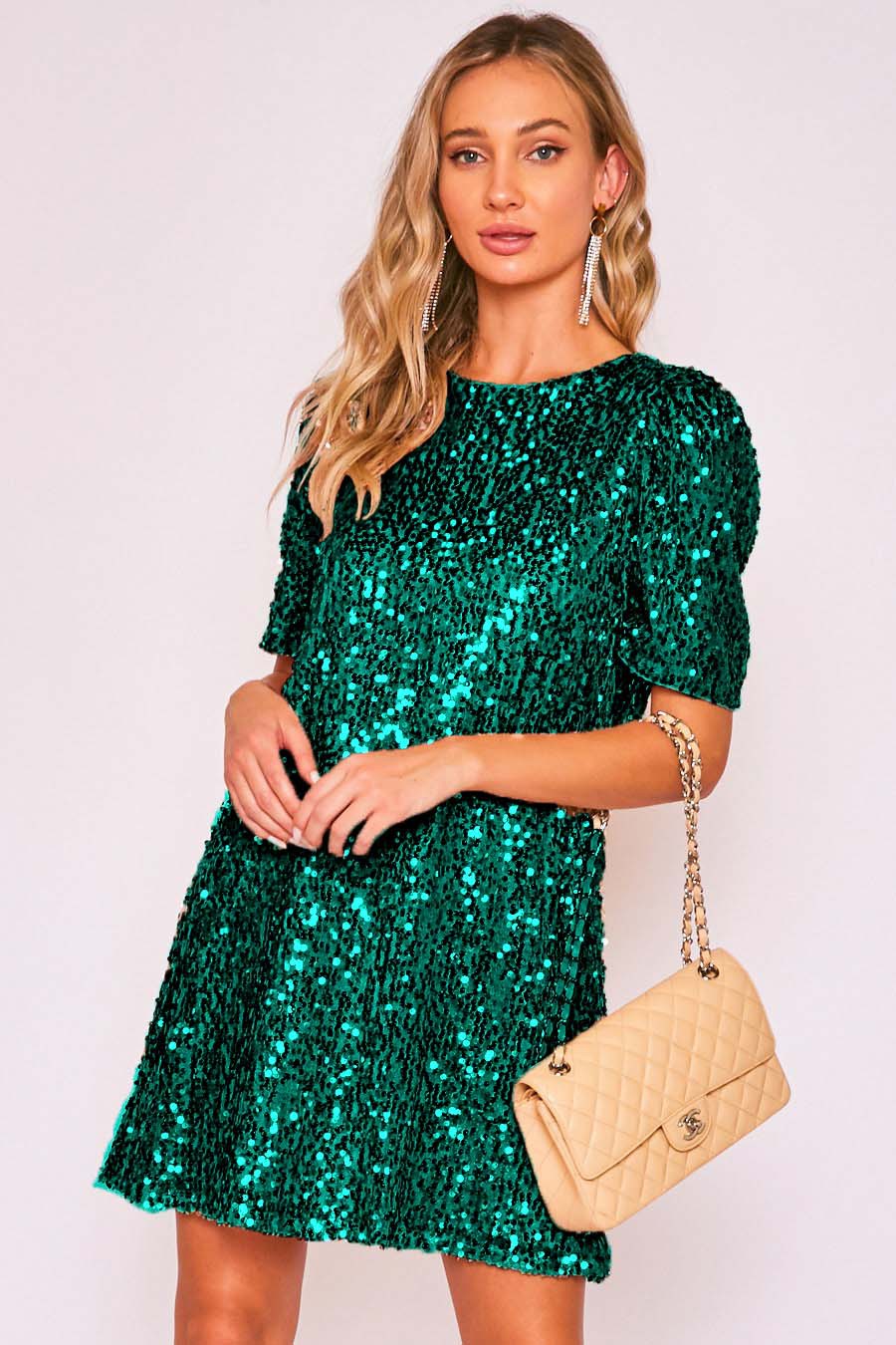 Hunter Green Sparkling Sequin Party Holiday Christmas Puff Shoulder Mini Dress