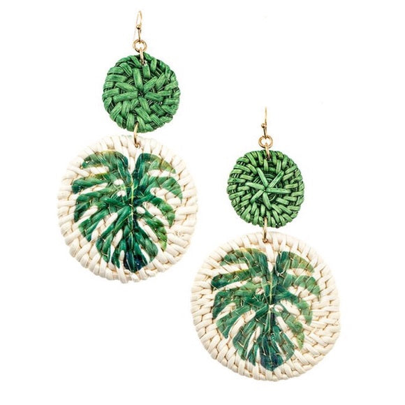 Green Monstera Tropical  Leaf Accent Woven Straw Vacation Earrings