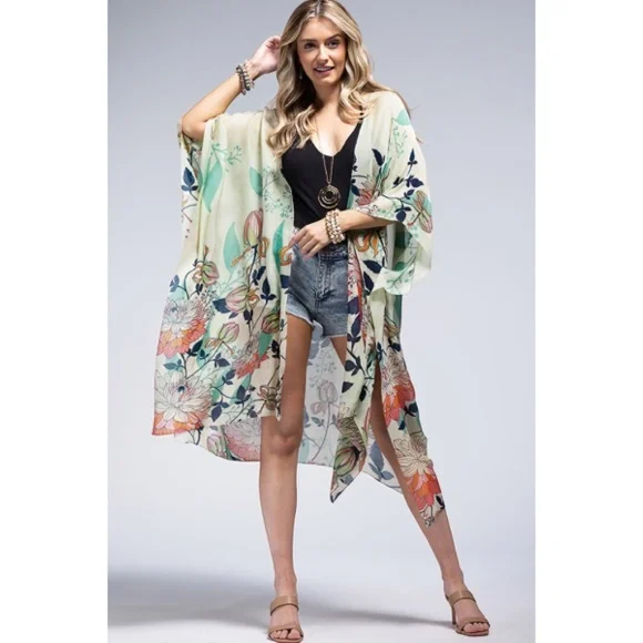 Spring Field Lotus & Lily Flower Floral Open Wrap Kimono Coverup Top One Size