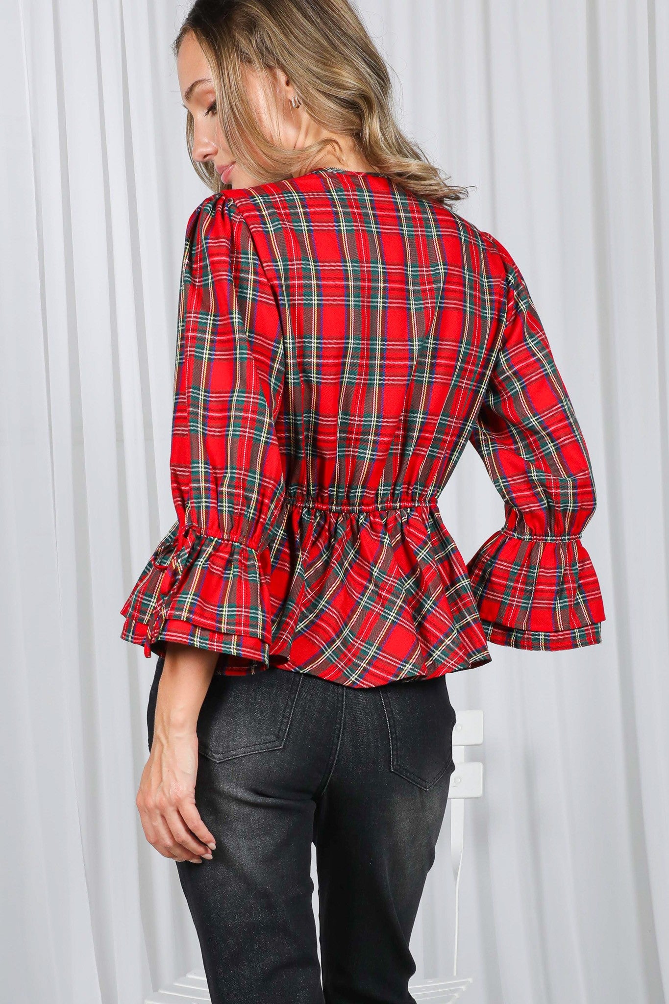 Red Holiday Plaid Ruffle Sleeves V-Neck Cinched Waist Blouse Top