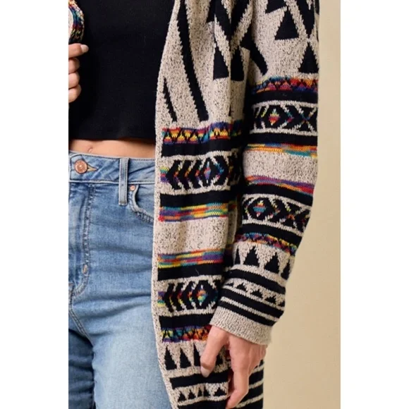 Oatmeal Multi Rainbow Aztec Jacquard Hooded Knit Open Cardigan Western Sweater