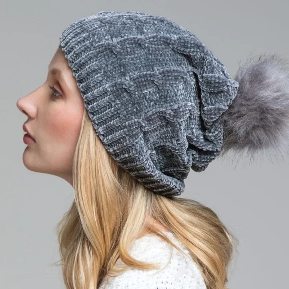 Dark Gray Luxury Chenille Cable Knit Faux Fur Pom Pom Winter Beanie Womens Hat