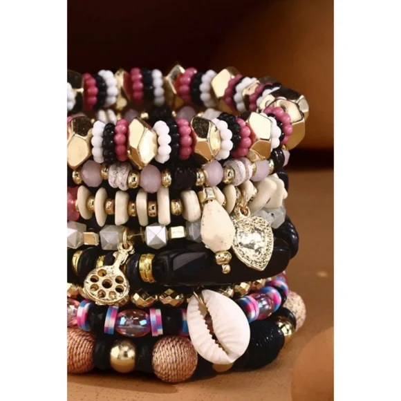 Pink 8-Strand Stretch Layered Bracelet Set w/ Cowrie Shell Charm