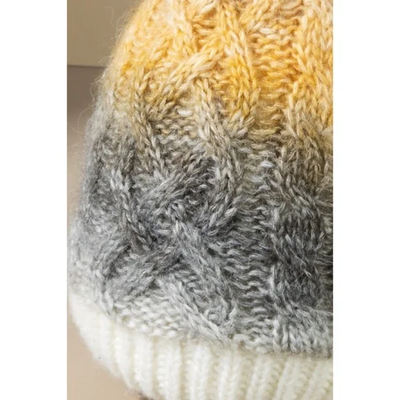 Peanut Butter (Yellow) Tri Colored Cable Knit Beanie Fall Winter Hat w/ Faux Pom