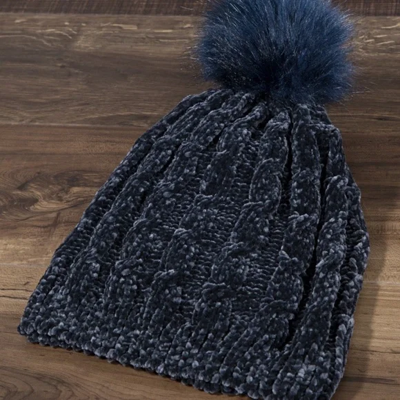 Navy Blue Luxury Chenille Cable Knit Faux Fur Pom Pom Winter Beanie Womens Hat