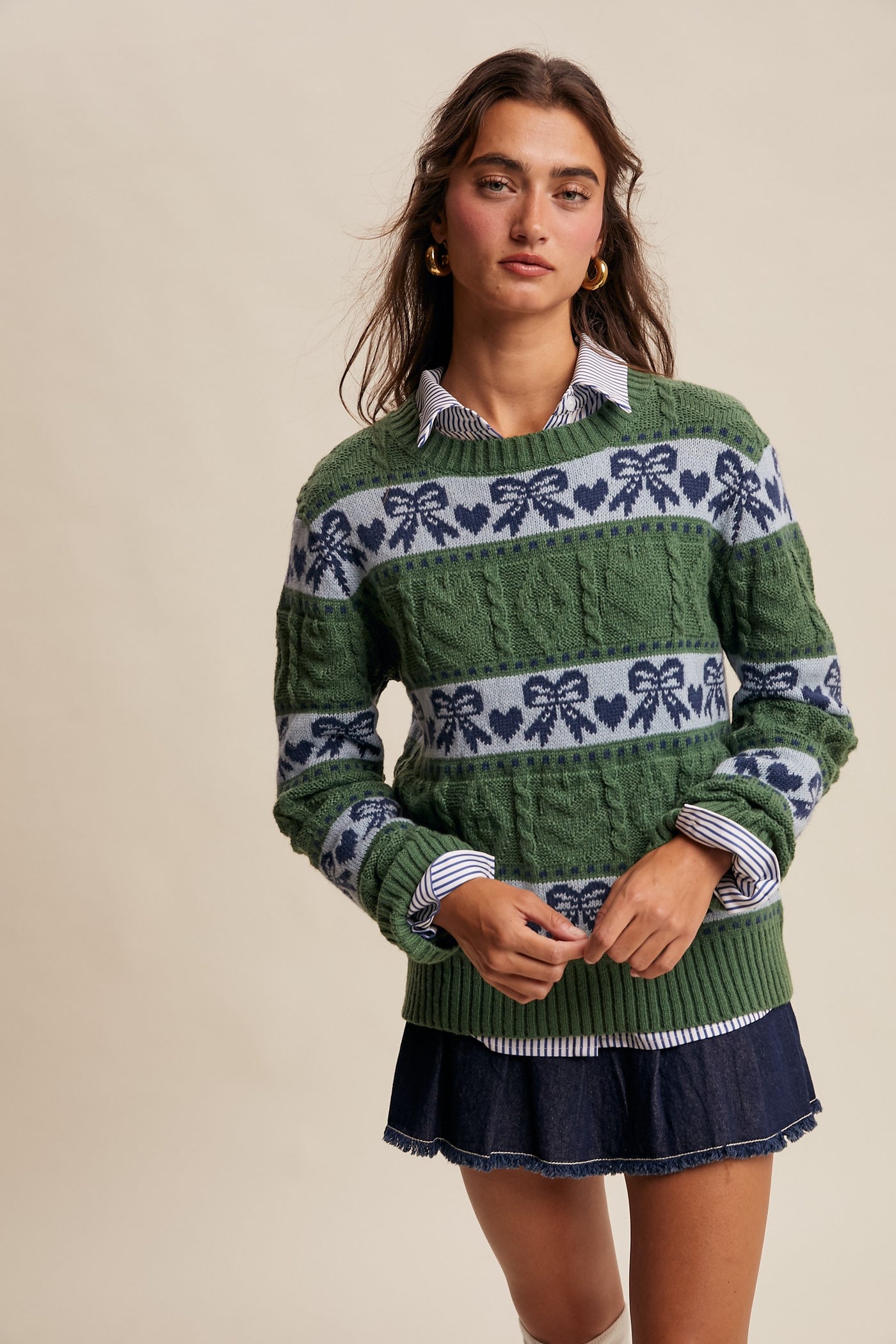 Green & Blue Cable Knit Hearts Bows Striped Knit Pullover Winter Casual Relaxed