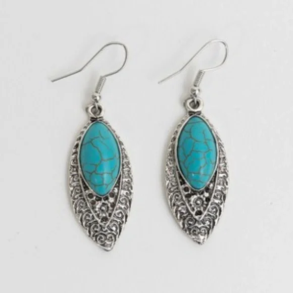 Antique Silver Vintage Style Engraved Western Turquoise Dangle Earrings