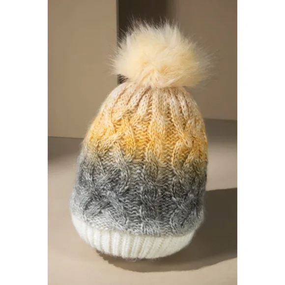 Peanut Butter (Yellow) Tri Colored Cable Knit Beanie Fall Winter Hat w/ Faux Pom