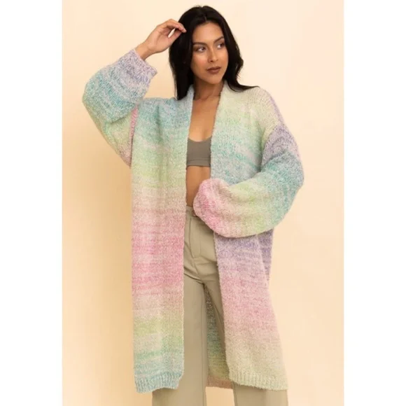 Rainbow Cozy Knit Ombre Longline Cardigan Sweater One Size