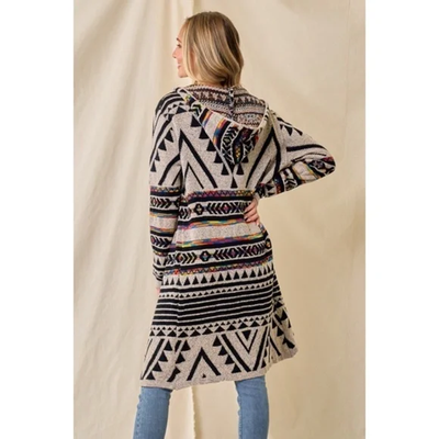 Oatmeal Multi Rainbow Aztec Jacquard Hooded Knit Open Cardigan Western Sweater