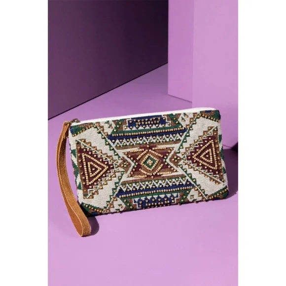 Handmade Cairo Western Boho Ethnic Pattern Beaded Jacquard Wristlet Clutch