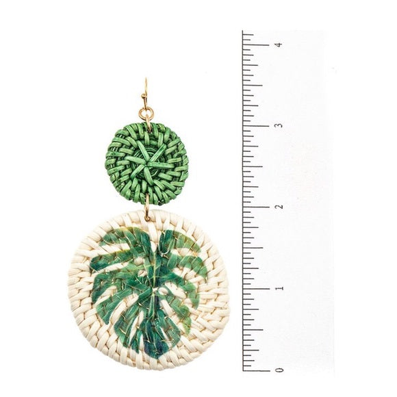 Green Monstera Tropical  Leaf Accent Woven Straw Vacation Earrings