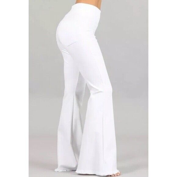 White Ponte Stretch High Waist Bell Flared Pants Casual Women's