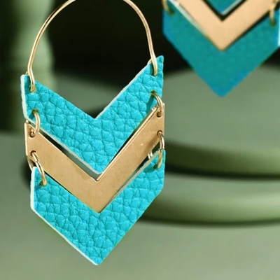 Turquoise & Gold Faux Vegan Leather Chevron Dangle Earrings