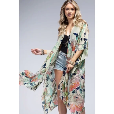 Spring Field Lotus & Lily Flower Floral Open Wrap Kimono Coverup Top One Size