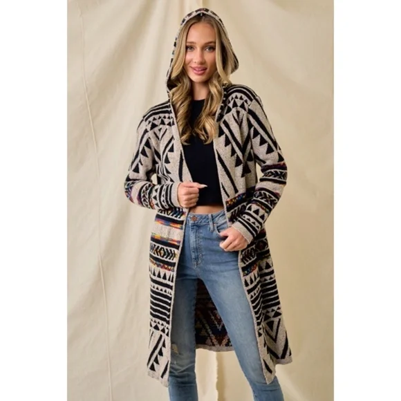 Oatmeal Multi Rainbow Aztec Jacquard Hooded Knit Open Cardigan Western Sweater