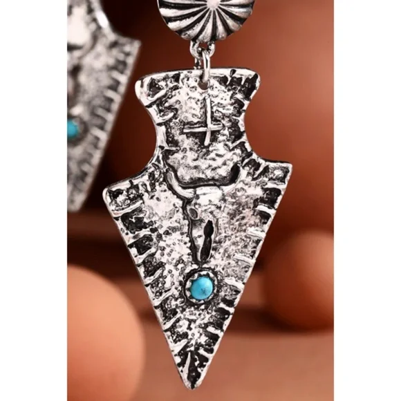 Turquoise Western Boho Metal Arrow Head Dangle Drop Earrings