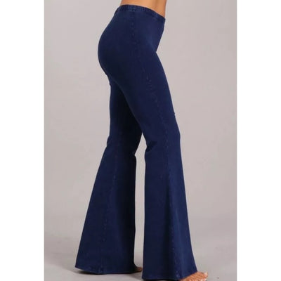 Galaxy Blue Boho Mineral Wash Flared Bell Bottom Stretch Pull On Pants Womens