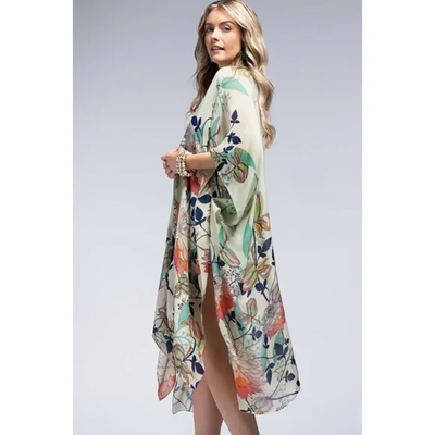 Spring Field Lotus & Lily Flower Floral Open Wrap Kimono Coverup Top One Size