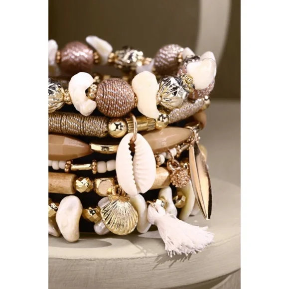 Natural 7 Layer Stackable Cowrie Shell Wood Bead Boho Beach Stretch Bracelet