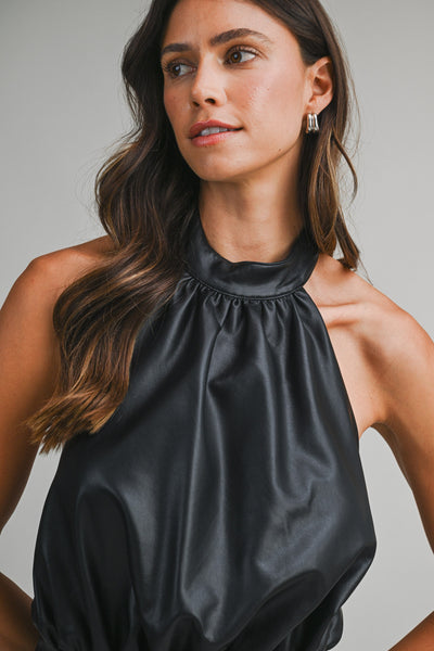 Black Faux Leather Halter Neck Cocktail Party Dress w/ Shorts Inside
