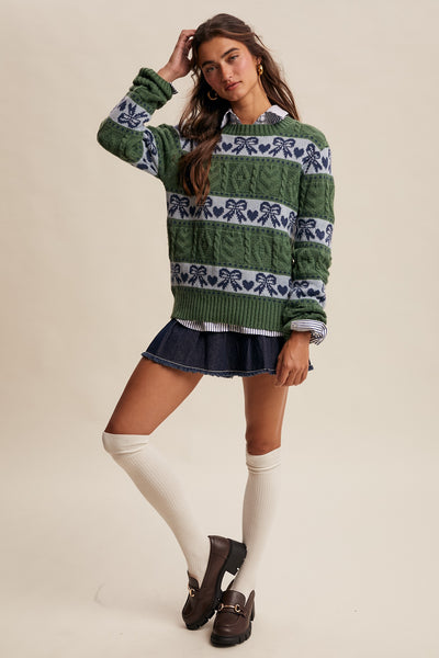 Green & Blue Cable Knit Hearts Bows Striped Knit Pullover Winter Casual Relaxed