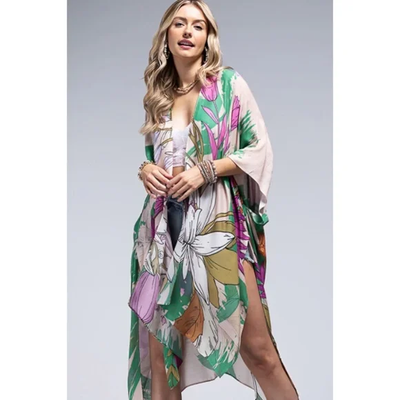 Oahu Floral Flower Open Wrap Kimono Top One Size Spring Summer Casual