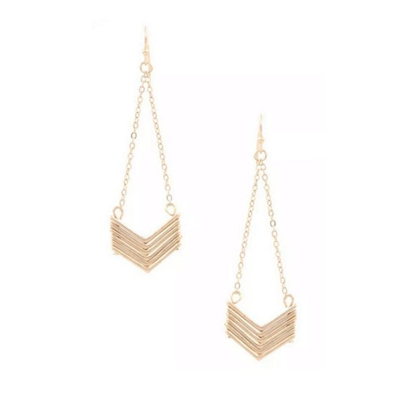 Gold Metal Chevron Drop French Wire Earrings