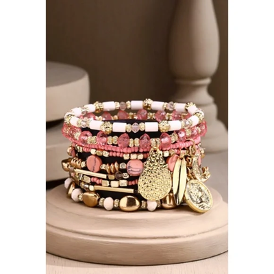 Pink 9-Strand Beaded Boho Stackable Stretch Bracelet Set w/ Gold Charms