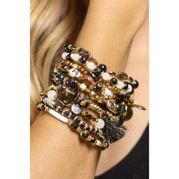 9-in-1 Skull Charms Beads Multi Crystal Glass Metal Layered Stretch Bracelet Set