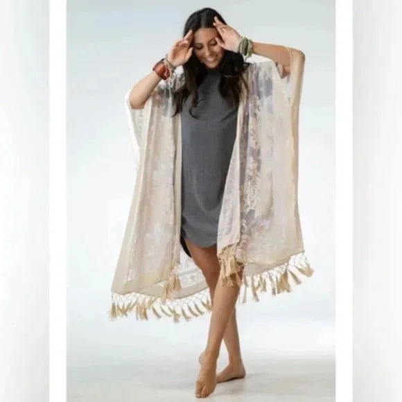 Nude Floral Velvet Burnout Tassel Kimono Open Wrap Coverup Top One Size