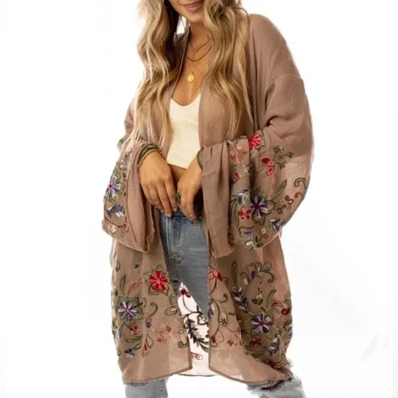 Mocha Longline Floral Embroidered Kimono Open Wrap Cardigan Top One Size