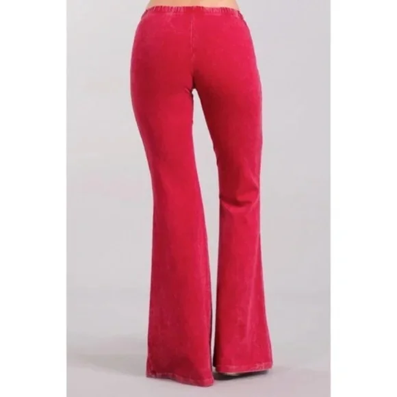 Raspberry Boho Mineral Wash Flared Bell Bottom Stretch Pull On Pants Womens