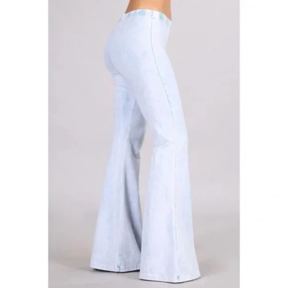 Light Powder Blue Boho Mineral Wash Flared Bell Bottom Stretch Pull On Pants Womens (Copy)