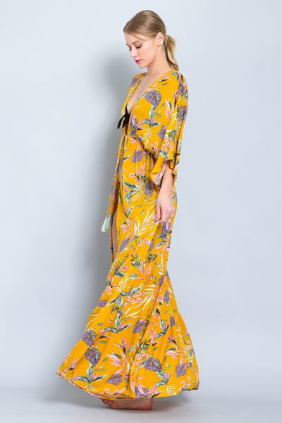 Mustard Floral Maxi Long Kimono Crepe Coverup Wrap Cardigan Womens