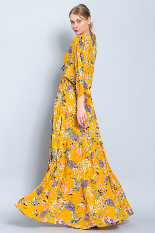 Mustard Floral Maxi Long Kimono Crepe Coverup Wrap Cardigan Womens