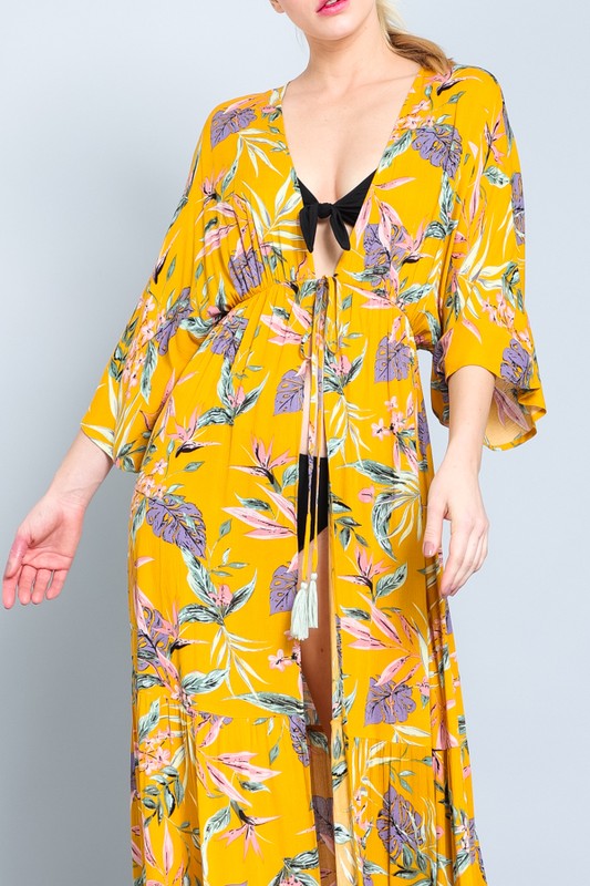 Mustard Floral Maxi Long Kimono Crepe Coverup Wrap Cardigan Womens