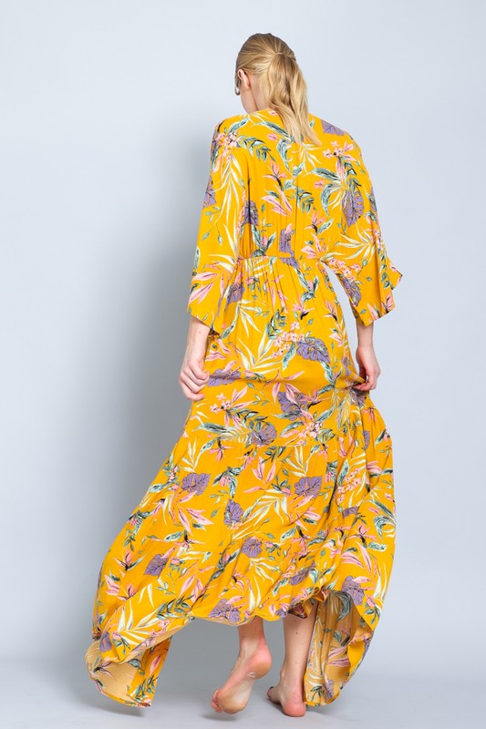 Mustard Floral Maxi Long Kimono Crepe Coverup Wrap Cardigan Womens