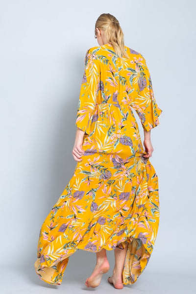 Mustard Floral Maxi Long Kimono Crepe Coverup Wrap Cardigan Womens